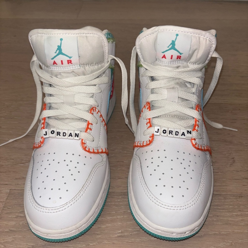 Never Worn Air Jordan White, Orange and Teal Sneakers